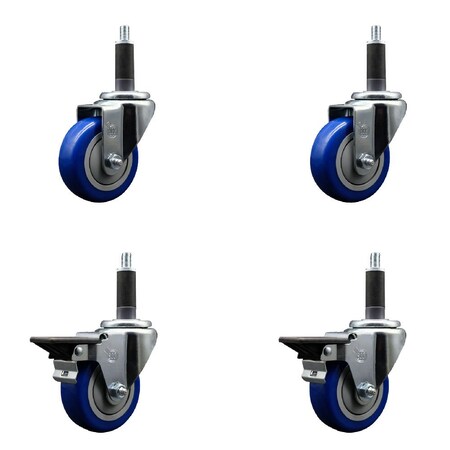 Service Caster 3.5'' Blue Poly Wheel Swivel 1'' Expanding Stem Caster Set 2 Brakes, 4PK SCC-EX20S3514-PPUB-BLUE-2-PLB-2-1